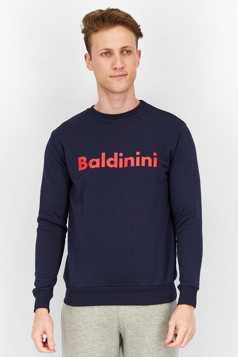 Baldinini Men Crew Neckline Brand Logo Long Sleeves Sweatshirt, Blue and Red - Image 1