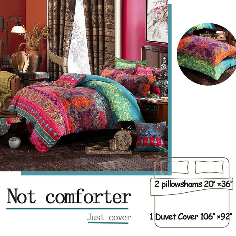 FADFAY Exotic Boho Duvet Cover Set King/California King 100% Brushed Cotton Soft Bohemian Bedding Red Teal Mandala Printed Bedding Reversible Striped Zipper Bed Comforter Cover + 2 Pillowshams - Image 4