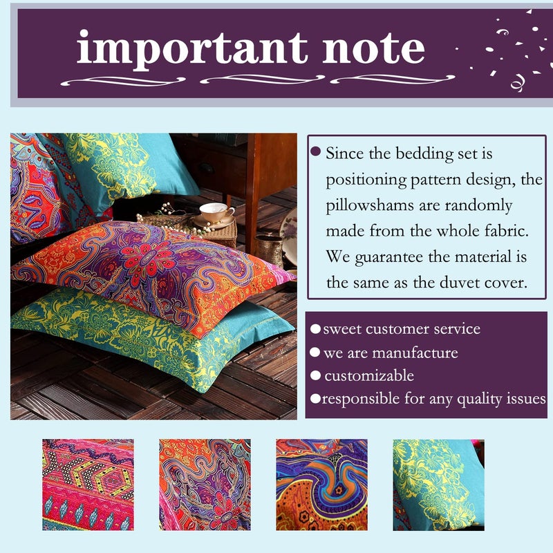 FADFAY Exotic Boho Duvet Cover Set King/California King 100% Brushed Cotton Soft Bohemian Bedding Red Teal Mandala Printed Bedding Reversible Striped Zipper Bed Comforter Cover + 2 Pillowshams - Image 5