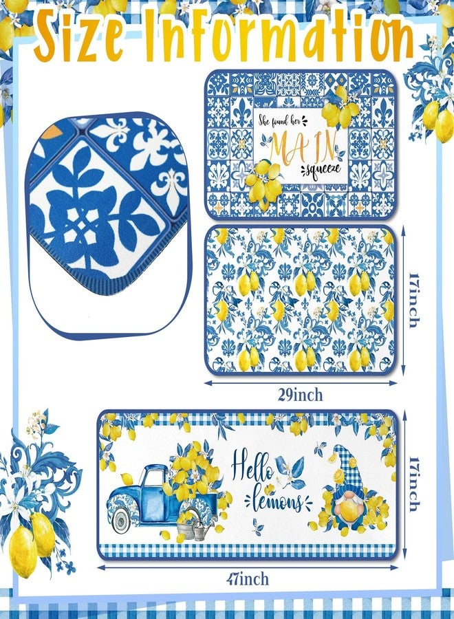 Maasechs 3 Pcs Lemon Kitchen Rug and Mat Set Blue Yellow Tiles Italian Lemon Decor Non Slip Anti-fatigue Washable Summer Kitchen Floor Mats Farmhouse Summer Decor for Home Bedroom Bathroom Accessories - Image 4