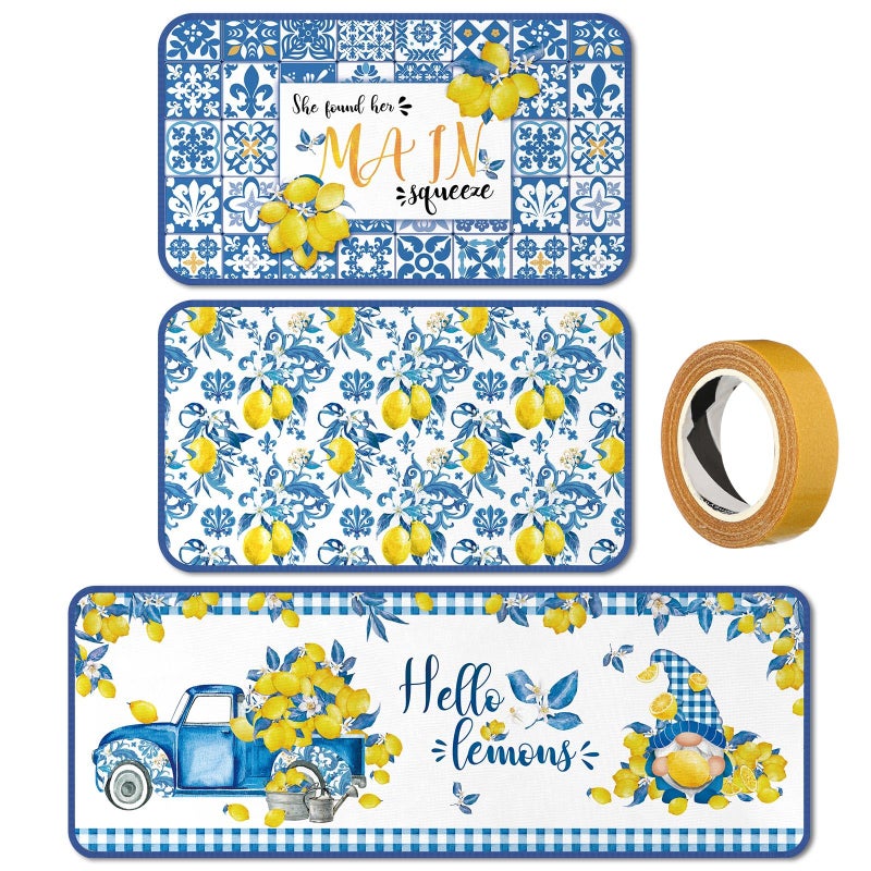 Maasechs 3 Pcs Lemon Kitchen Rug and Mat Set Blue Yellow Tiles Italian Lemon Decor Non Slip Anti-fatigue Washable Summer Kitchen Floor Mats Farmhouse Summer Decor for Home Bedroom Bathroom Accessories - Image 1