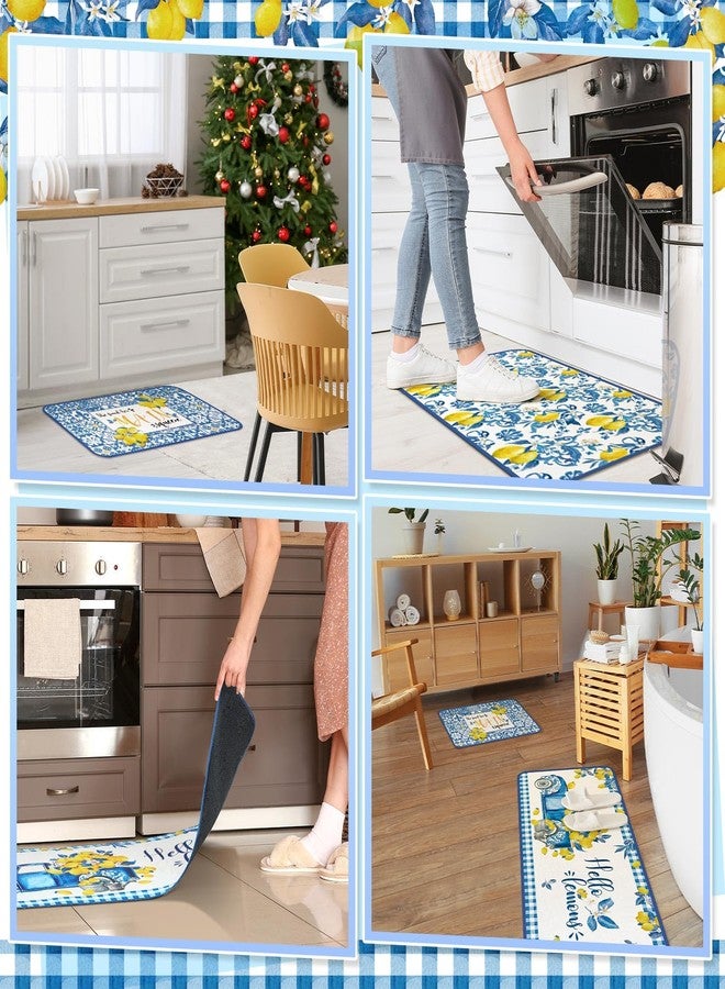 Maasechs 3 Pcs Lemon Kitchen Rug and Mat Set Blue Yellow Tiles Italian Lemon Decor Non Slip Anti-fatigue Washable Summer Kitchen Floor Mats Farmhouse Summer Decor for Home Bedroom Bathroom Accessories - Image 5