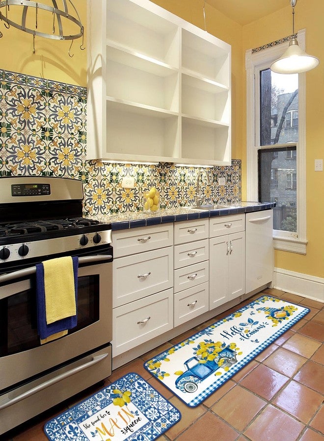 Maasechs 3 Pcs Lemon Kitchen Rug and Mat Set Blue Yellow Tiles Italian Lemon Decor Non Slip Anti-fatigue Washable Summer Kitchen Floor Mats Farmhouse Summer Decor for Home Bedroom Bathroom Accessories - Image 2