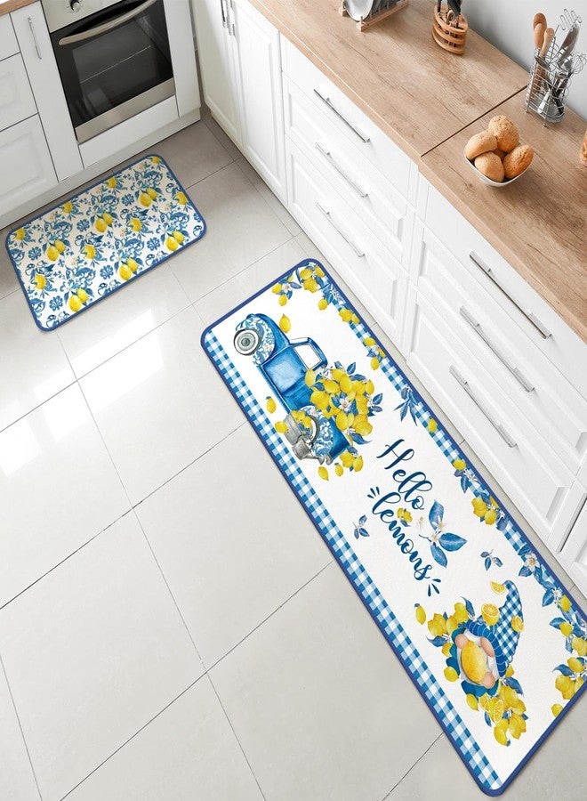 Maasechs 3 Pcs Lemon Kitchen Rug and Mat Set Blue Yellow Tiles Italian Lemon Decor Non Slip Anti-fatigue Washable Summer Kitchen Floor Mats Farmhouse Summer Decor for Home Bedroom Bathroom Accessories - Image 3