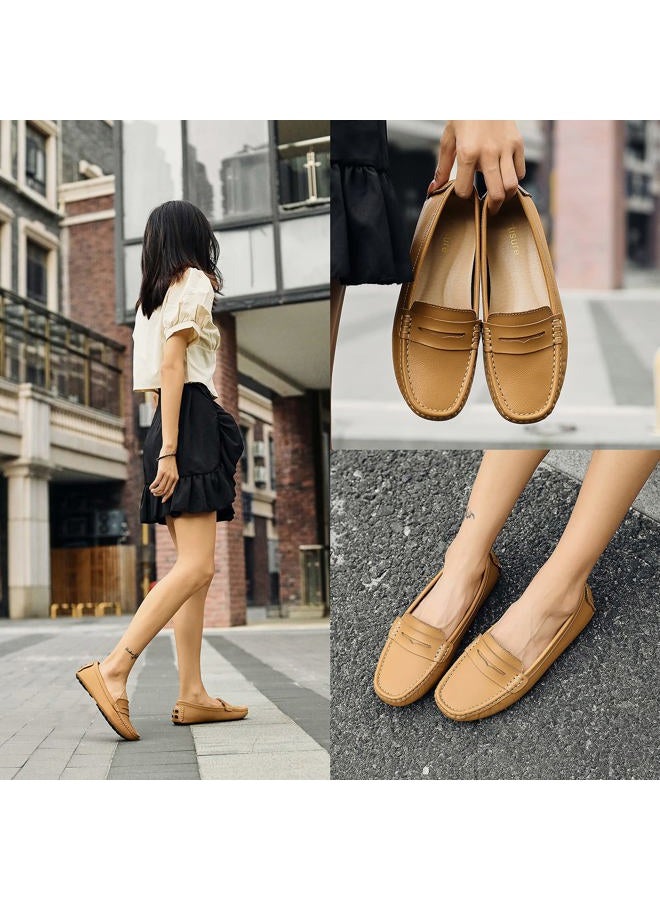 Artisure Women's Classic Genuine Leather Penny Loafers Driving Moccasins Casual Slip On Boat Shoes Fashion Comfort Flats, Brown, 38 EU - Image 3