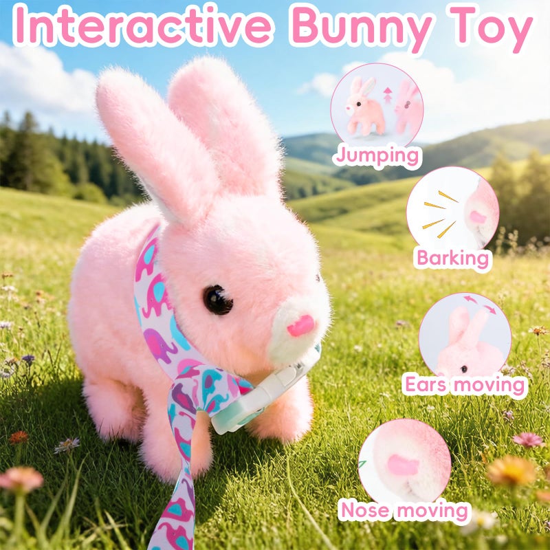 Sprstar Easter Bunny Toy,Bunny My Realistic Bunny Toy,Hopping Rabbit Plush Bunny Toy,with Sounds and Movements Animated Walking Wiggle Ears Twitch Nose Gift for Toddlers Birthday(Pink Rabbit + Leash) - Image 3