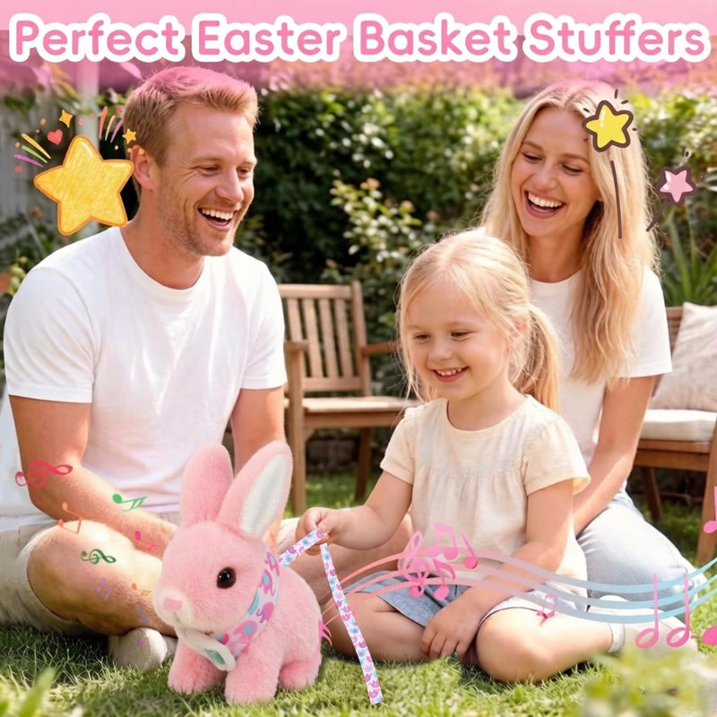 Sprstar Easter Bunny Toy,Bunny My Realistic Bunny Toy,Hopping Rabbit Plush Bunny Toy,with Sounds and Movements Animated Walking Wiggle Ears Twitch Nose Gift for Toddlers Birthday(Pink Rabbit + Leash) - Image 2