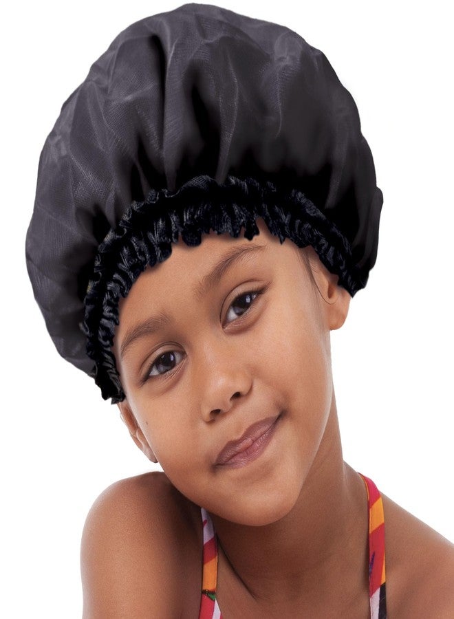 DONNA KIDS SATIN BONNET Sleeping Cap Hair Bonnet Soft Satin Kids Hair Bonnet Shower Cap for Kids BLACK - Image 1