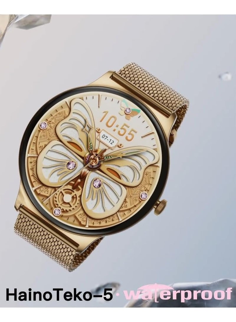 Haino Teko HainoTekoGermany HainoTeko-5 Super Slim Smart Watch Round Shape AMOLED Display With Waterproof AI Voice Assistance and 3 Pair Straps For Ladies (Gold) - Image 1