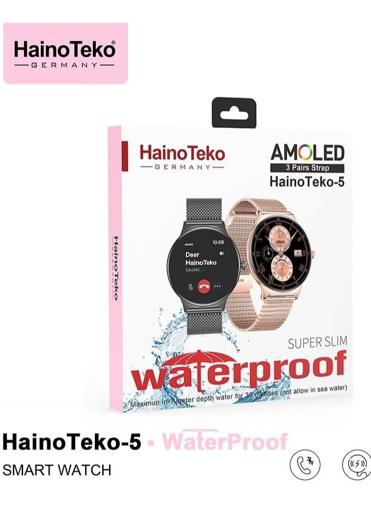 Haino Teko HainoTekoGermany HainoTeko-5 Super Slim Smart Watch Round Shape AMOLED Display With Waterproof AI Voice Assistance and 3 Pair Straps For Ladies (Gold) - Image 2