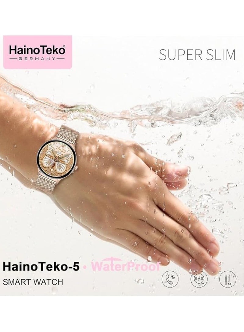 Haino Teko HainoTekoGermany HainoTeko-5 Super Slim Smart Watch Round Shape AMOLED Display With Waterproof AI Voice Assistance and 3 Pair Straps For Ladies (Gold) - Image 3