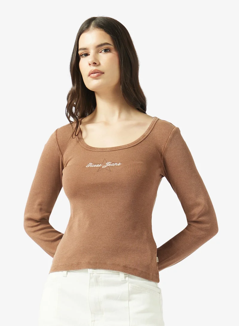 جيس جينز بلوزة بأكمام طويلة وفتحة رقبة مستديرة مضلعة