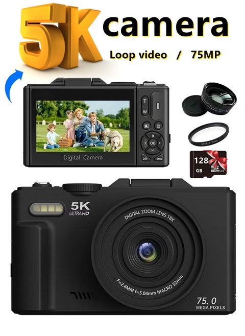 5K Digital Camera, 75MP Camera Digital for Photography, Point and Shoot Camara, 18X Digital Camera with 3" 180° Flip Screen, Vlogging Camera for Beginner Gift
