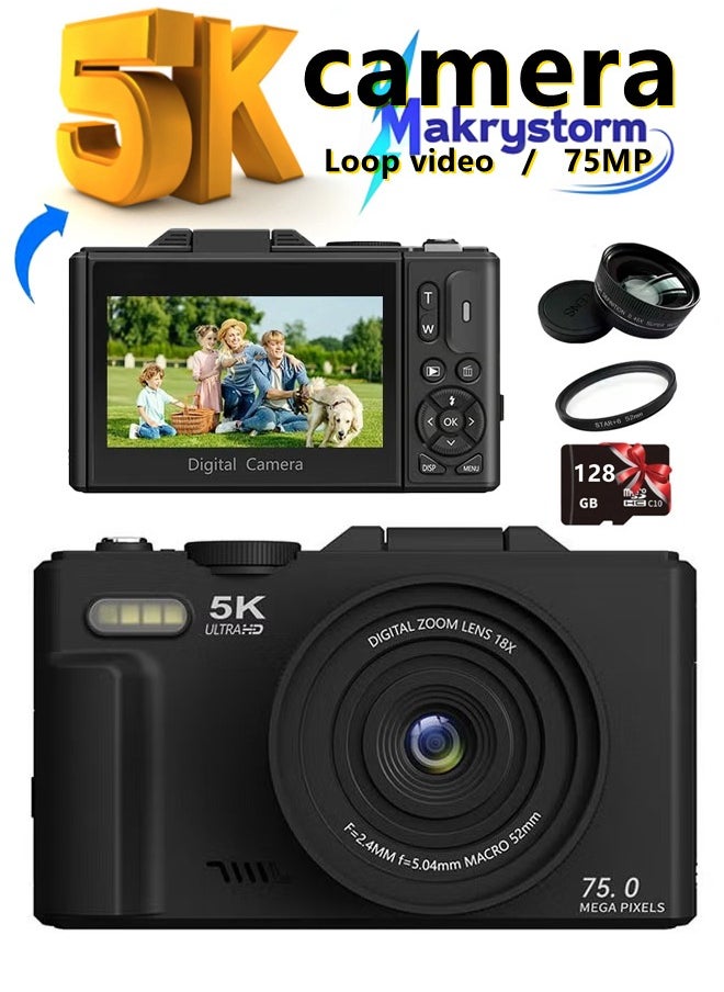 Makrystorm 5K Digital Camera, 75MP Camera Digital for Photography, Point and Shoot Camara, 18X Digital Camera with 3" 180° Flip Screen, Vlogging Camera for Beginner Gift  - Image 1