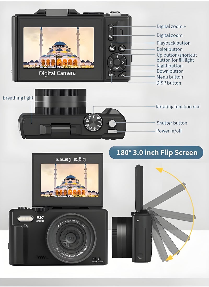Makrystorm 5K Digital Camera, 75MP Camera Digital for Photography, Point and Shoot Camara, 18X Digital Camera with 3" 180° Flip Screen, Vlogging Camera for Beginner Gift  - Image 5