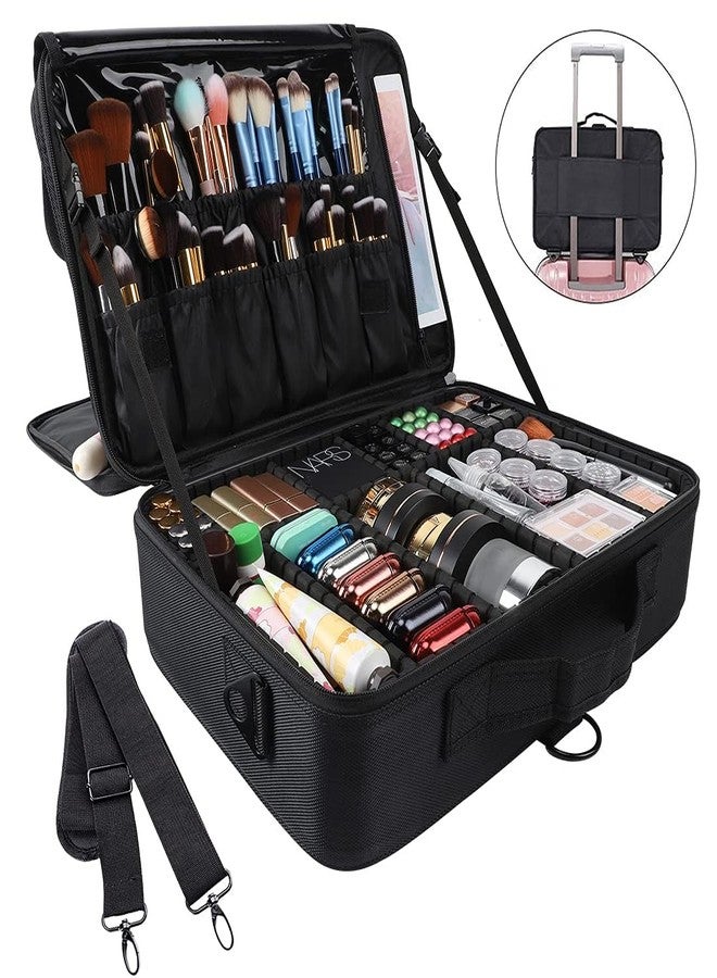 SHAMAX® Professional Makeup Bag for Women Travel Cosmetic Kit Storage (2-Layer) Vanity Bag Cosmetics Makeup Brush Bag with Adjustable Dividers Portable Zipper Closure(Black) - Adjustable Strap - Image 5