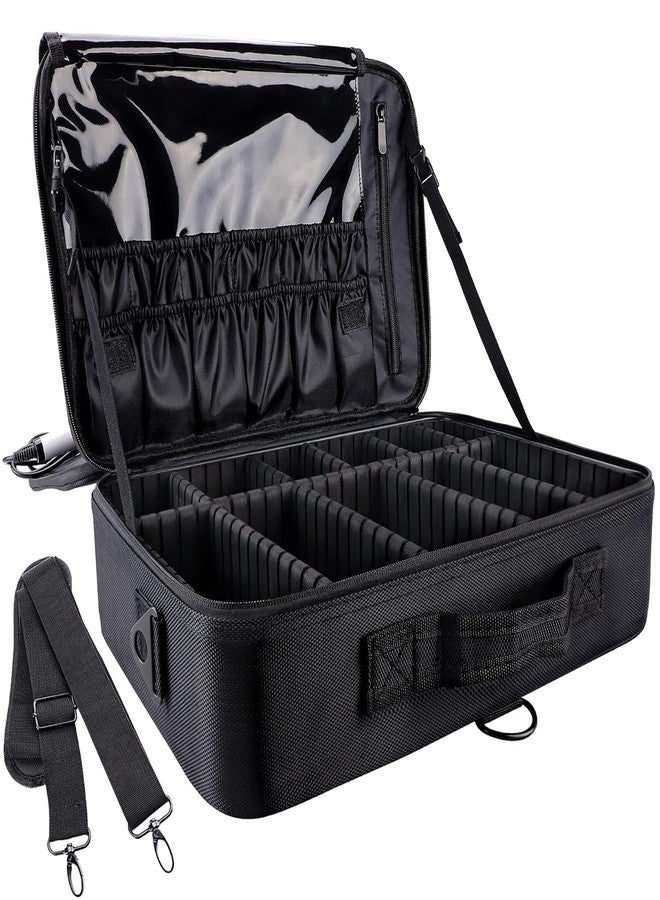SHAMAX® Professional Makeup Bag for Women Travel Cosmetic Kit Storage (2-Layer) Vanity Bag Cosmetics Makeup Brush Bag with Adjustable Dividers Portable Zipper Closure(Black) - Adjustable Strap - Image 1