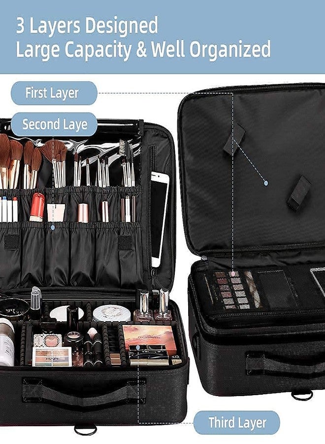 SHAMAX® Professional Makeup Bag for Women Travel Cosmetic Kit Storage (2-Layer) Vanity Bag Cosmetics Makeup Brush Bag with Adjustable Dividers Portable Zipper Closure(Black) - Adjustable Strap - Image 4