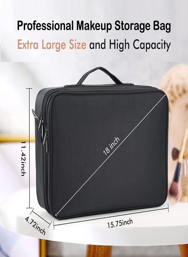 SHAMAX® Professional Makeup Bag for Women Travel Cosmetic Kit Storage (2-Layer) Vanity Bag Cosmetics Makeup Brush Bag with Adjustable Dividers Portable Zipper Closure(Black) - Adjustable Strap - Image 2