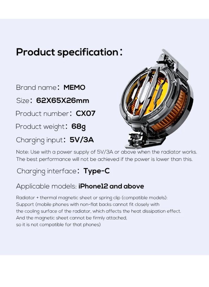 Memo CX07 Mobile Phone Cooling Fan with RGB Lights – Adjustable Back-Clip Game Phone Cooler – Portable Semiconductor Heatsink Radiator for Smartphones – Efficient Heat Dissipation, Silent Operation, Compatible with Most Phones – Perfect for Gaming & Streaming  - Image 4