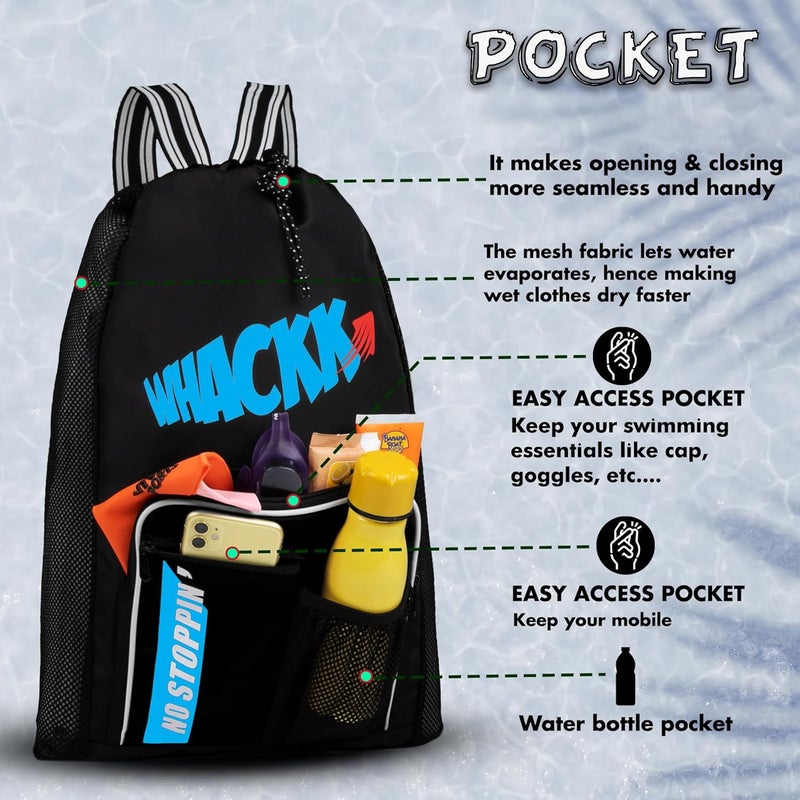 WHACKK Freestyle 20L Unisex Swimming Equipment Bag | Water Sports | Wet Dry Compartments Bag | Beach | Drawstring Backpack|Pocket Cap & Goggles Mobile|Lightweight|Water Resistant | Men Women - Image 3