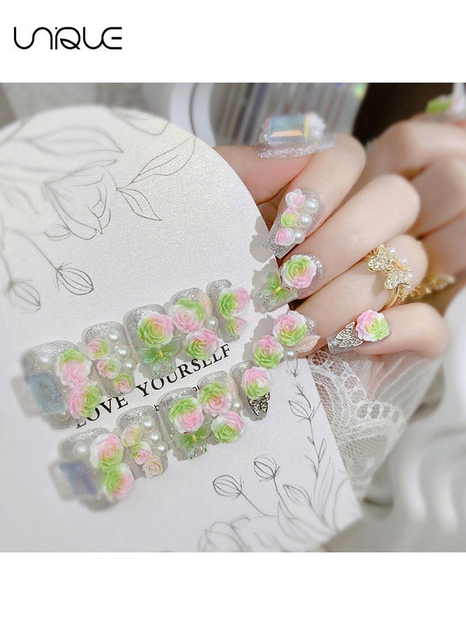 يونيك 24 قطعة أظافر مزيفة ، أظافر مكبس ، مانيكير منتصف اللوز - مانيكير لؤلؤي لامع - مانيكير القوس الوردي الأخضر المتدرج - رقعة الأظافر المزيفة - Image 3