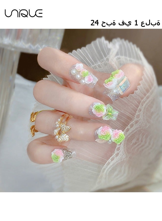 يونيك 24 قطعة أظافر مزيفة ، أظافر مكبس ، مانيكير منتصف اللوز - مانيكير لؤلؤي لامع - مانيكير القوس الوردي الأخضر المتدرج - رقعة الأظافر المزيفة - Image 1