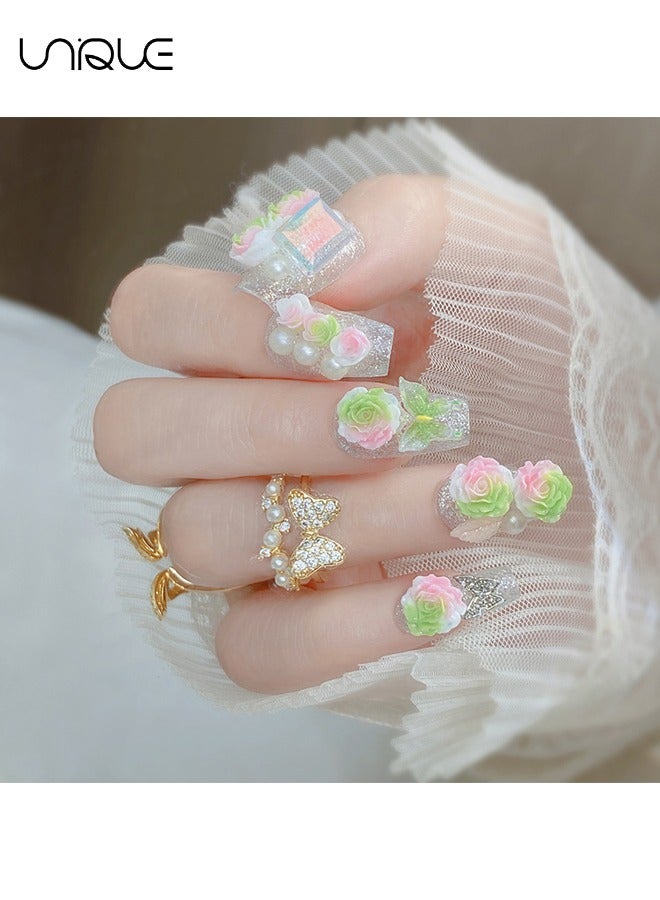 يونيك 24 قطعة أظافر مزيفة ، أظافر مكبس ، مانيكير منتصف اللوز - مانيكير لؤلؤي لامع - مانيكير القوس الوردي الأخضر المتدرج - رقعة الأظافر المزيفة - Image 4