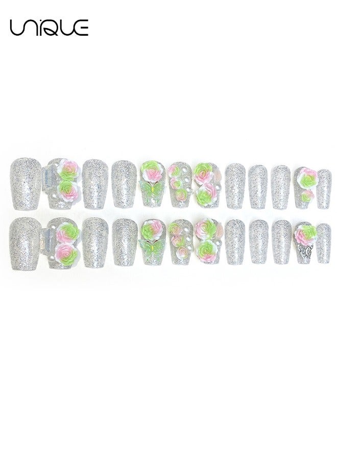 يونيك 24 قطعة أظافر مزيفة ، أظافر مكبس ، مانيكير منتصف اللوز - مانيكير لؤلؤي لامع - مانيكير القوس الوردي الأخضر المتدرج - رقعة الأظافر المزيفة - Image 5