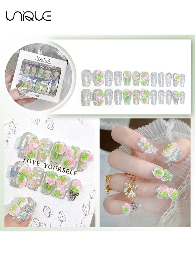 يونيك 24 قطعة أظافر مزيفة ، أظافر مكبس ، مانيكير منتصف اللوز - مانيكير لؤلؤي لامع - مانيكير القوس الوردي الأخضر المتدرج - رقعة الأظافر المزيفة - Image 2