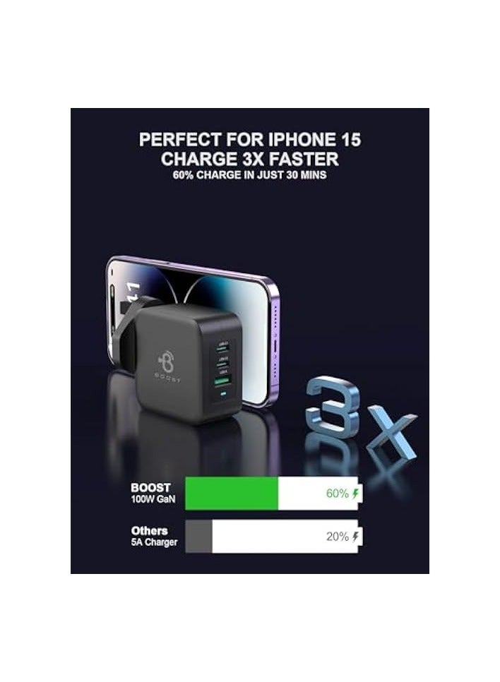 Boost 100W Ultra Fast Charger 3-Port USB C Charger Type C & Type A GaN2 Power Adaptor Compatible with HUAWEI P60, MacBook Pro/Air, iPhone, iPad, Galaxy S23 Ultra, Steam Deck,Phones  - Image 5
