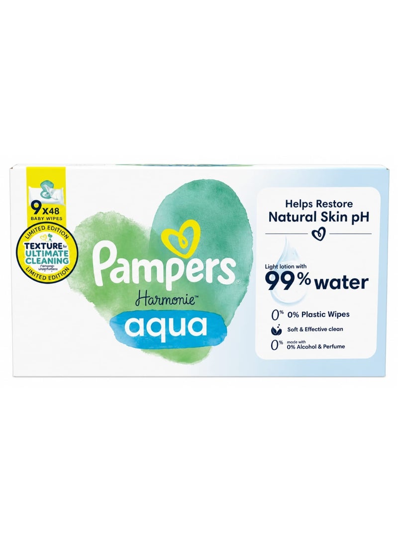 Pampers Harmonie Aqua Wet Wipes 9 Packs of 48 Wet Wipes - Image 1