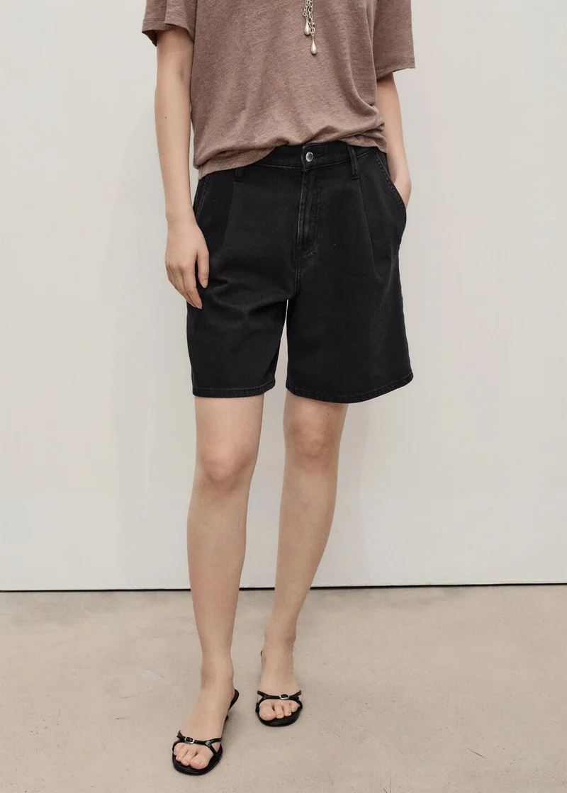 MANGO Mid-rise denim bermuda shorts with pleats
