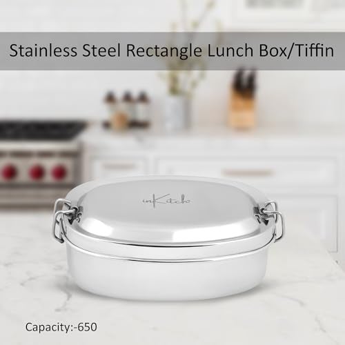 inKitch Premium Stainless Steel Lunch Box | 650ML Leak-Proof Tiffin for Kids & Office | Stylish Round Steel Box with Inner Container & Lock Clip | Durable & Food Safe - Image 5