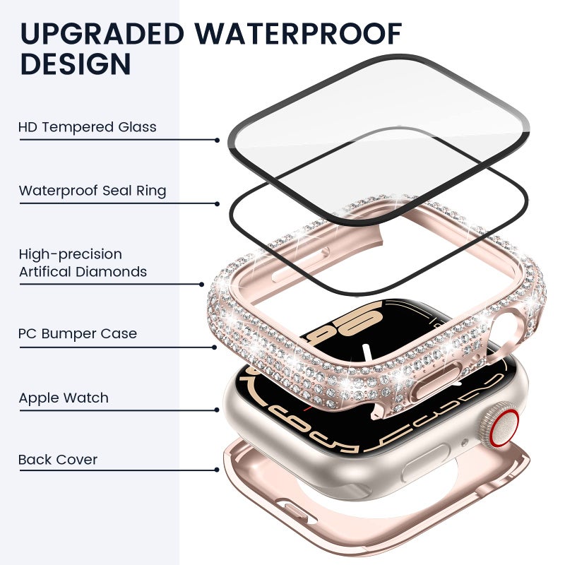 Tensea [2 in 1 for Waterproof Apple Watch Screen Protector Case 45mm Series 9/8/7 Accessories, 360 iWatch Diamond Front Bumper with Glass Film and Back Bumper, Bling Face Cover Women, 45 mm - Image 3