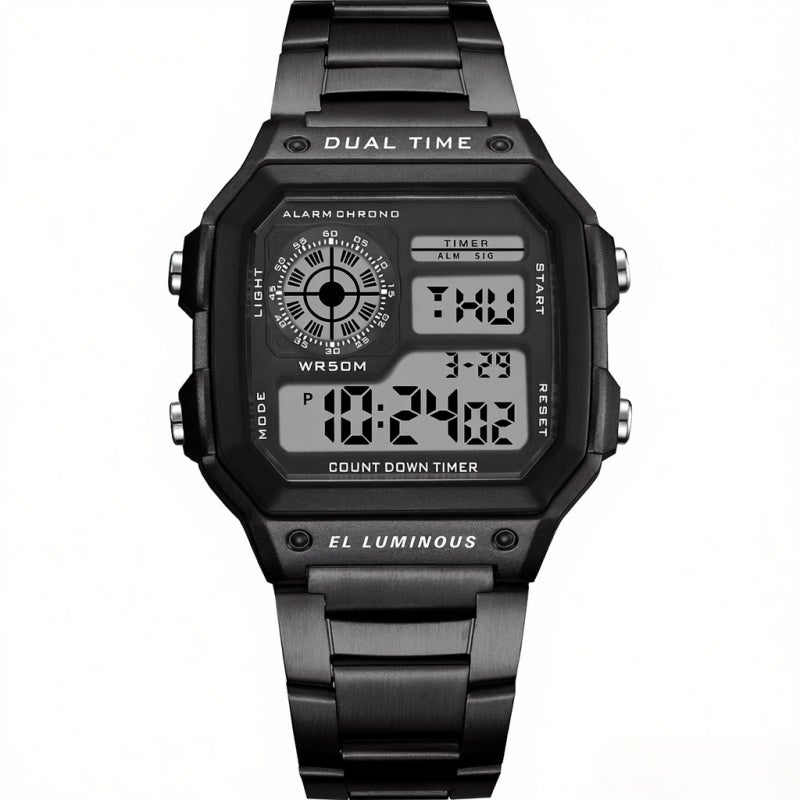 PANARS Men Fashion Watch: Black Stainless Steel Strap, Accurate Digital Movement, Dual Time Mode - Industrial Style Dial, Chrono Function Watch for Business Men On Trips - Image 1