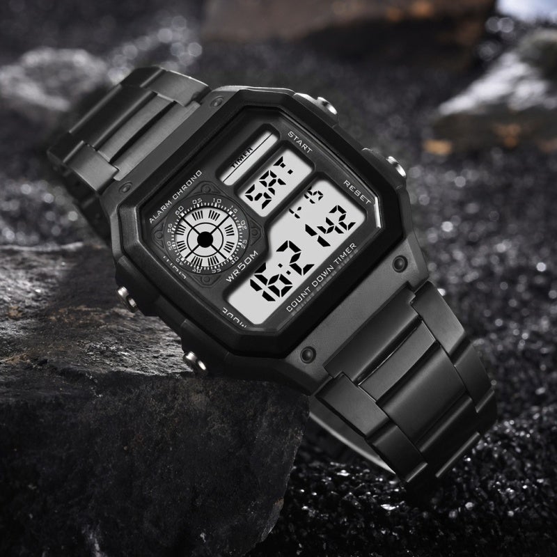PANARS Men Fashion Watch: Black Stainless Steel Strap, Accurate Digital Movement, Dual Time Mode - Industrial Style Dial, Chrono Function Watch for Business Men On Trips - Image 5