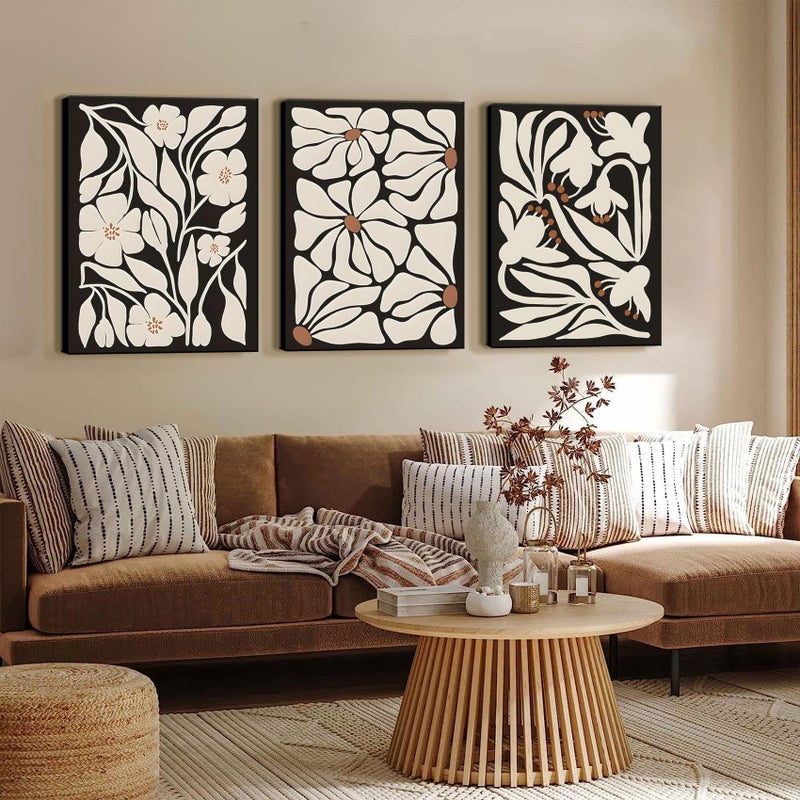 QGNBGBJ Framed Black Boho Flowers Plant Wall Art Abstract Botanical Flower Canvas Poster Vintage Bohemian Neutral Floral Prints Wall Decor Trendy Black Beige Floral Set for Girl Bedroom(16x24in) - Image 2