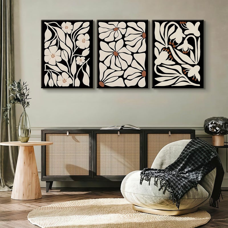 QGNBGBJ Framed Black Boho Flowers Plant Wall Art Abstract Botanical Flower Canvas Poster Vintage Bohemian Neutral Floral Prints Wall Decor Trendy Black Beige Floral Set for Girl Bedroom(16x24in) - Image 4