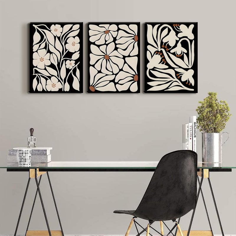 QGNBGBJ Framed Black Boho Flowers Plant Wall Art Abstract Botanical Flower Canvas Poster Vintage Bohemian Neutral Floral Prints Wall Decor Trendy Black Beige Floral Set for Girl Bedroom(16x24in) - Image 3