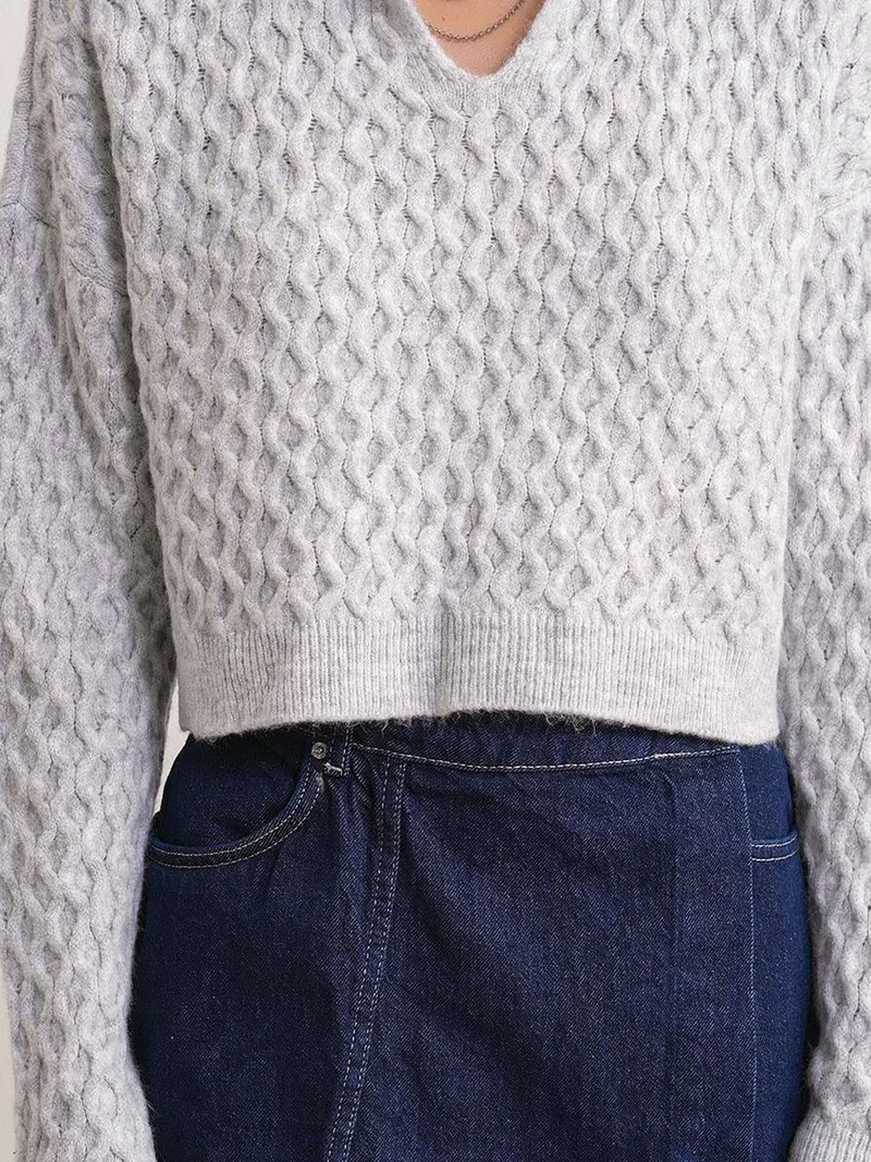 Mixray Grey Mixray Relaxed Fit Crop Sweater with Shirt Collar for Women | Best Price UAE