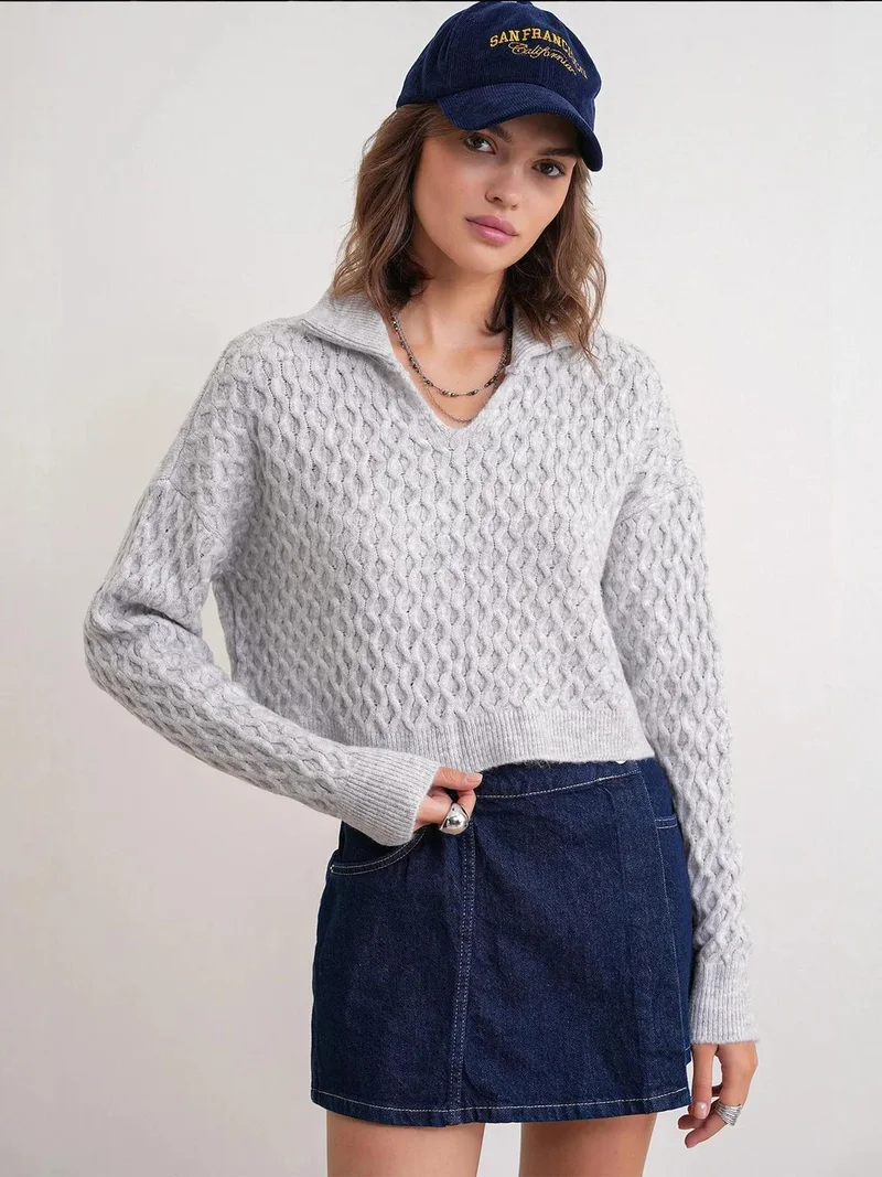 Mixray Grey Mixray Relaxed Fit Crop Sweater with Shirt Collar for Women | Best Price UAE