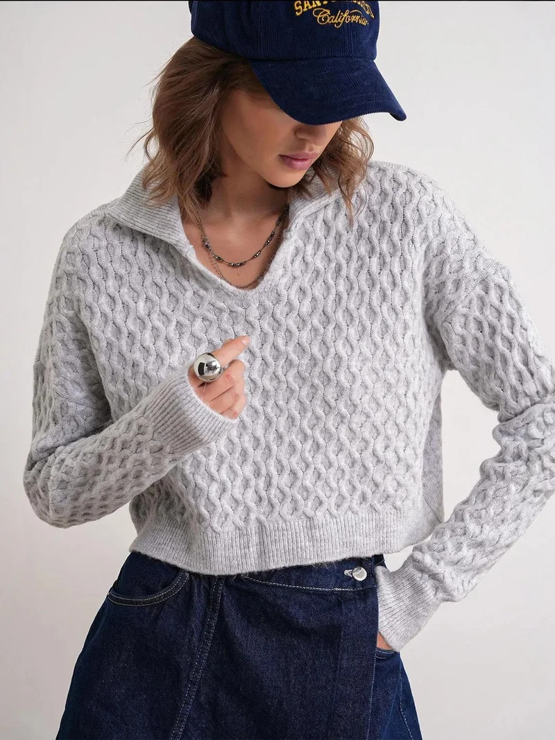 Mixray Grey Mixray Relaxed Fit Crop Sweater with Shirt Collar for Women | Best Price UAE