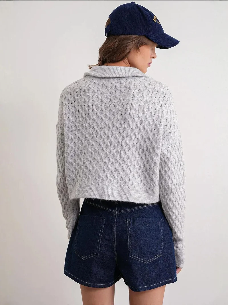 Mixray Grey Mixray Relaxed Fit Crop Sweater with Shirt Collar for Women | Best Price UAE