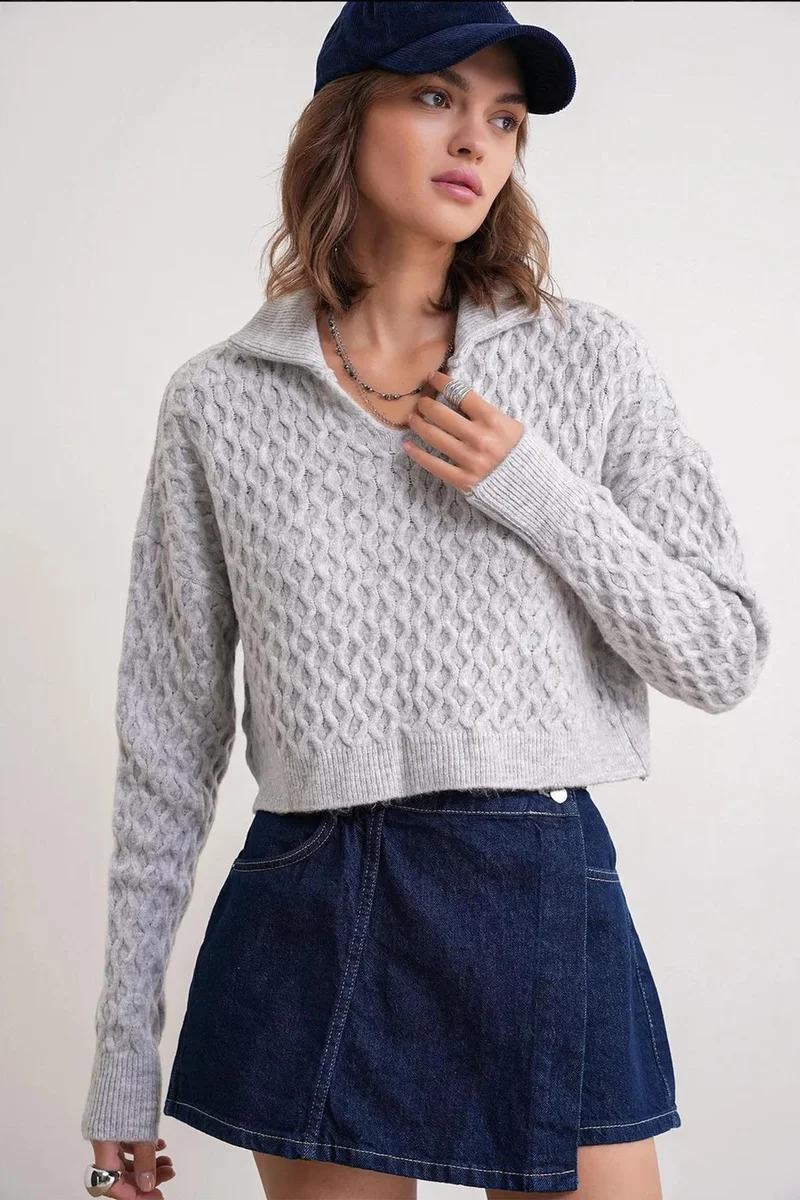 Mixray Mixray Relaxed Fit Crop Sweater with Shirt Collar