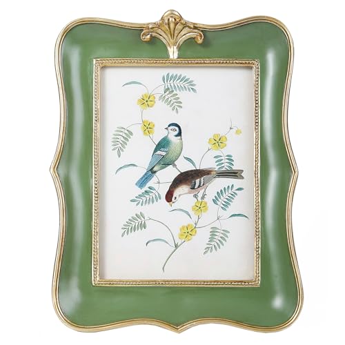 Kangce Vintage Picture Frame 5x7 Antique Ornate Photo Frame Tabletop and Wall Hanging Old-Fashioned Picture Frame, Decorative Retro Design Home Decor, Photo Gallery, Art, Green and Gold - Image 1