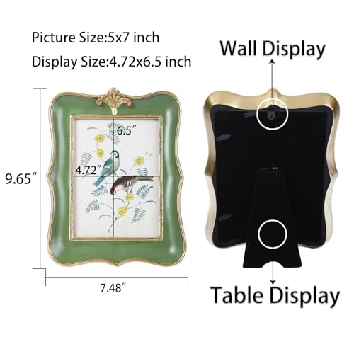 Kangce Vintage Picture Frame 5x7 Antique Ornate Photo Frame Tabletop and Wall Hanging Old-Fashioned Picture Frame, Decorative Retro Design Home Decor, Photo Gallery, Art, Green and Gold - Image 4