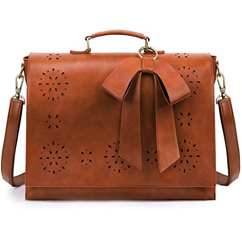 ECOSUSI Women's Briefcase Vegan Leather 15.6 inch Laptop Bag for Work Computer Shoulder Satchel Bag with Detachable Bow, Brown - Image 1