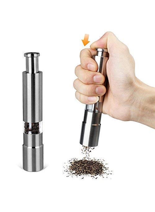 Kmart KHODIYAR Kitchen Mini Pepper Grinder Crusher Mill Stainless Steel Hand Thumb Press Set Machine with Stylish Design for Grinding Salt and Black Pepper  - Image 1