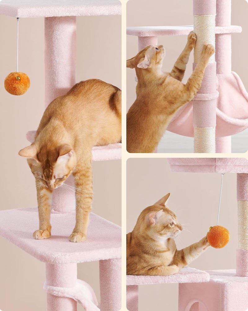 FEANDREA Cat Tree Height 143 cm, Play Tower for Cats with 4 Scratching Posts and 2 Platforms, 1 Kennel, 1 Hammock, 2 Tassels, Plush Fabric, Multi-Level, Candy Pink PCT161P01 - Image 5